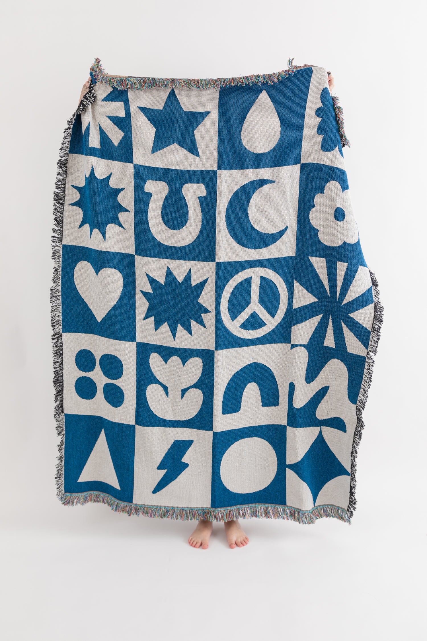 Folk Shapes Patchwork Throw Blanket - Blue/White