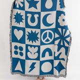 Folk Shapes Patchwork Throw Blanket - Blue/White