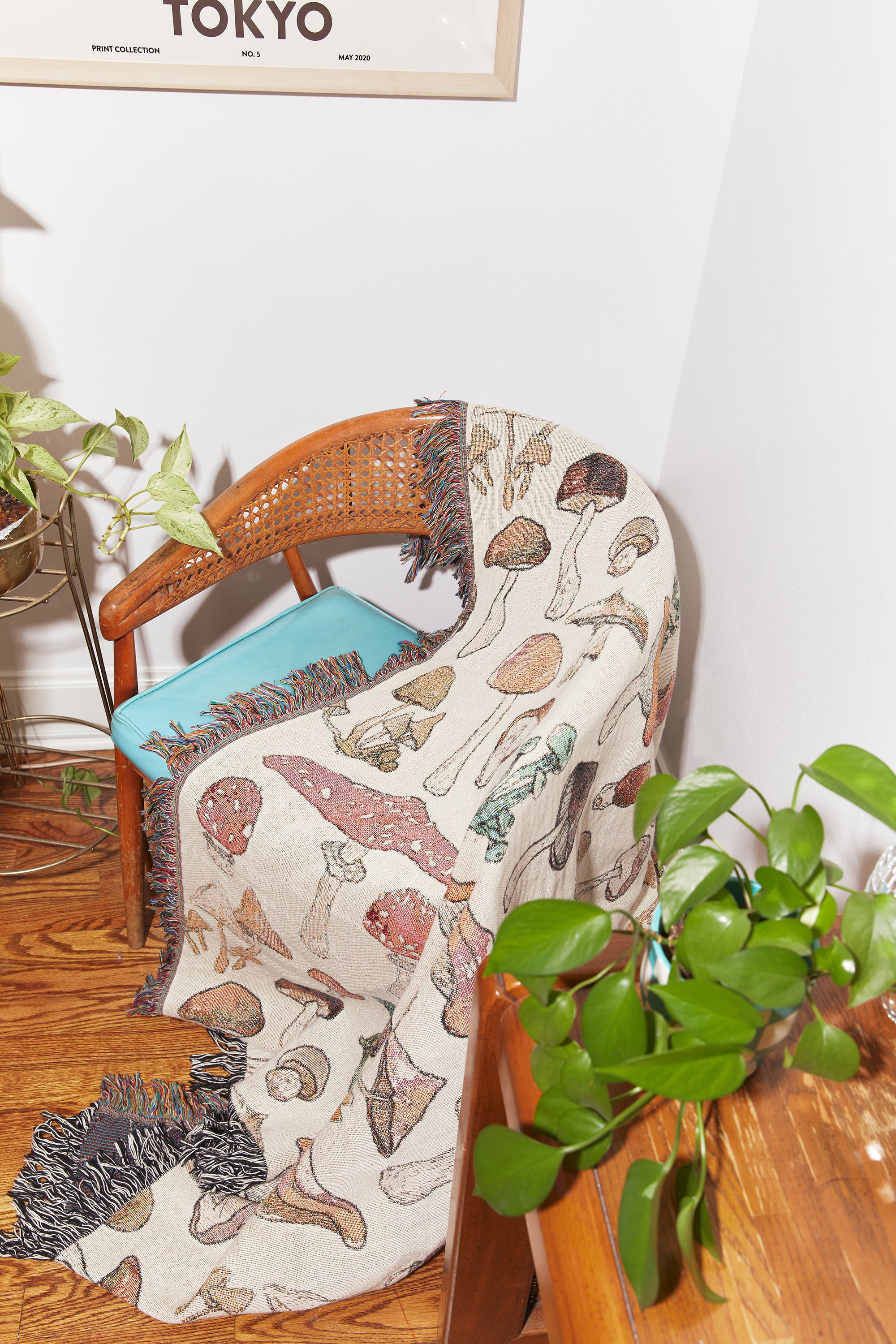 Mushroom Throw Blanket on chair with flash